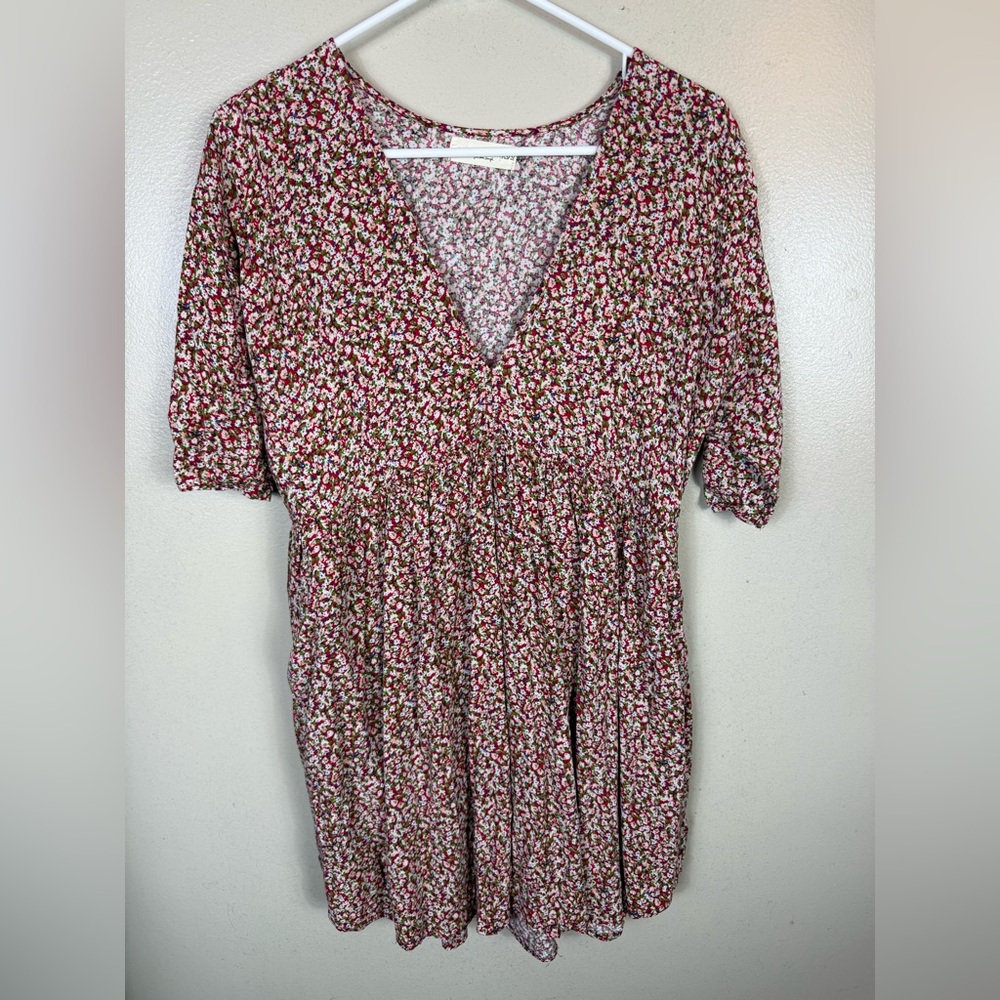 Natural Life Babydoll Floral Mini Dress Size XS Red White Pockets Cottage Beach